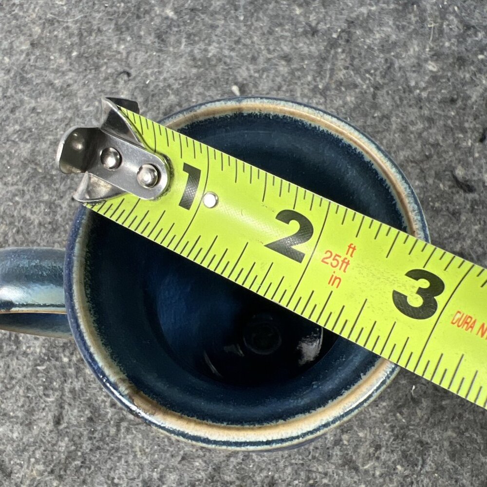 Studio Pottery Belly Coffee Mug Blue Drip Glaze Brown Carved Signed By KERRY IC - Picture 12 of 12
